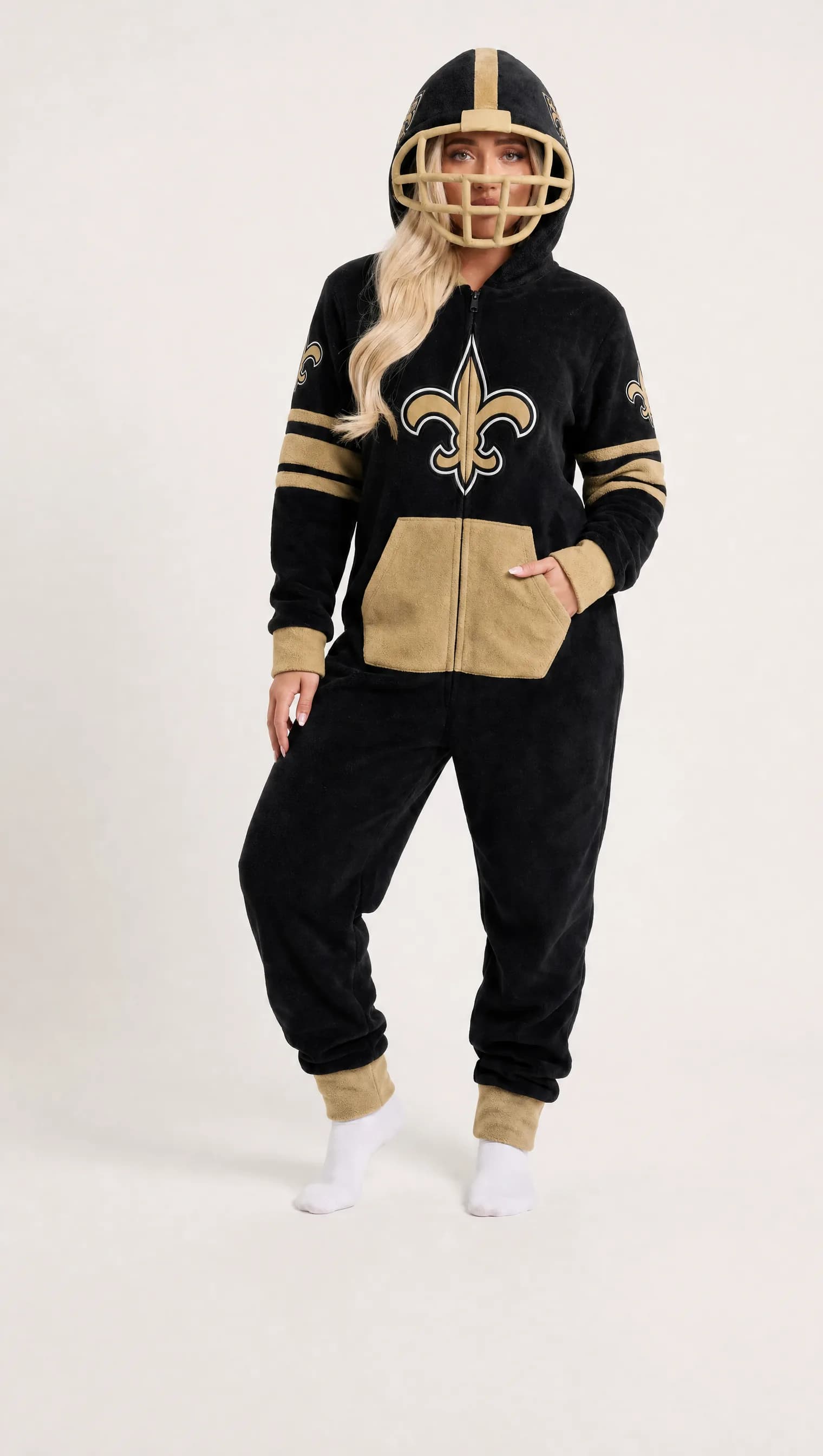 New Orleans Saints football onesie with helmet hood
